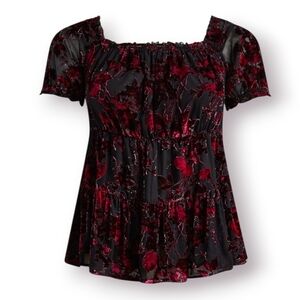 Torrid 5 5X 28 Black Plum Red Burnout Floral Velvet Tiered Babydoll Top Blouse